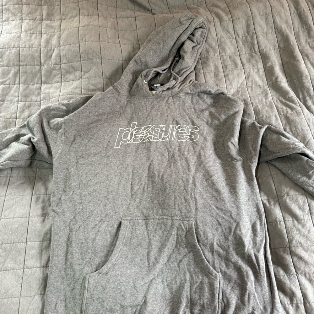 Gray Pleasures Hoodie with Bold Text